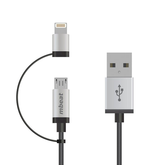 (LS) mbeat® 1m Lightning and Micro USB Data Cable - 2-in-1/Aluminmum Shell Crush-Proof/Nylon Braided/Silver/ Apple/Andriod Tablet Mobile Device-0