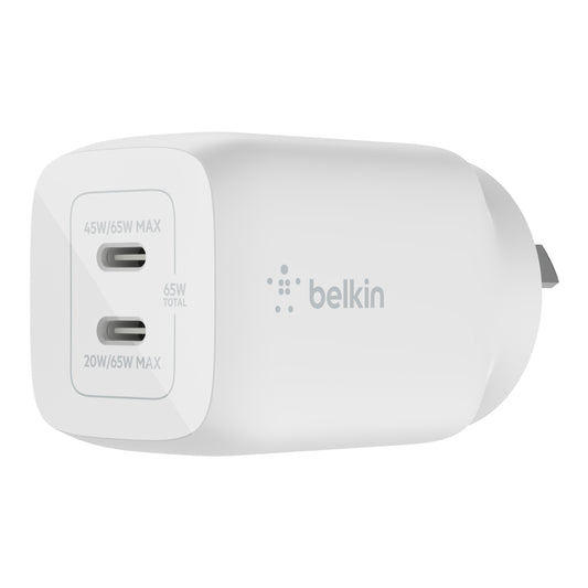 Belkin BOOST UP Dual USB-C Wall Charger - GaN Technology 65W with PPS-0