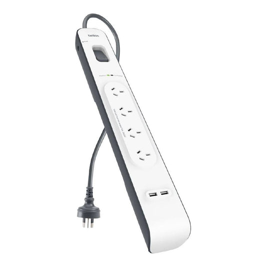 Belkin BSV401 4-Outlet 2-Meter Surge Protection Strip with two 2.4 amp USB charging ports, Complete Three-line AC protection, CEW $20,000,2YR-0