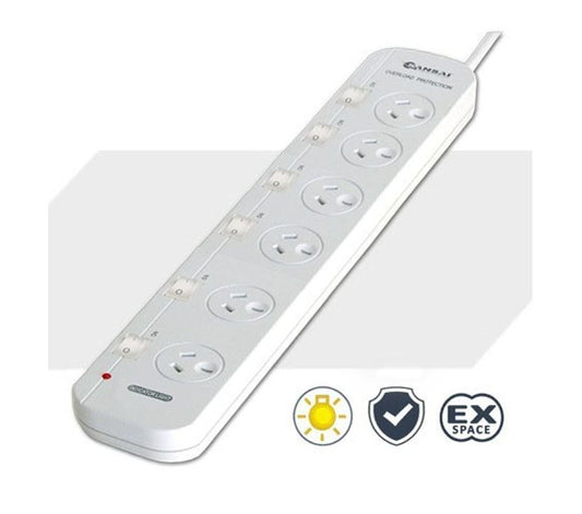 Sansai 6 Way Powerboard 6 Outlet 10A 240V Individually Switched 3 extra spaced sockets 1M Length-0
