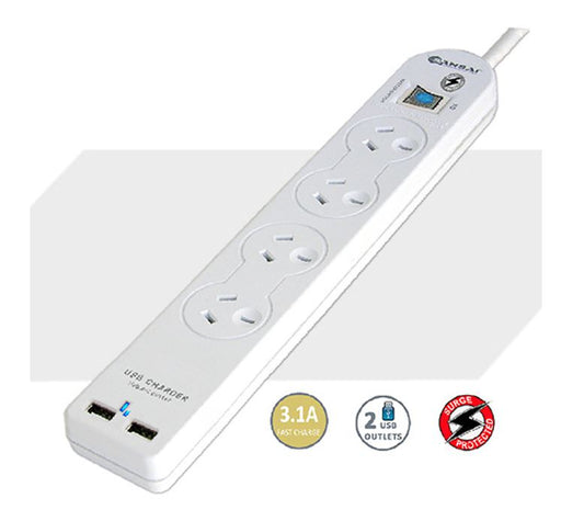 Sansai 4 Way Basic Powerboard USB Ax2 4 Outlets Master Switch Surge and overload protection1M Length-0