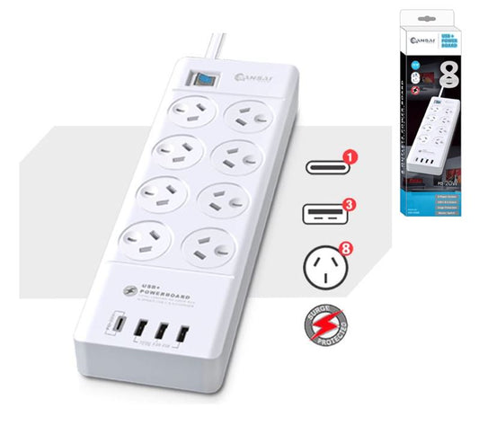 Sansai 8 Outlet 3*USB-A & 1*USB-C Powerboard Master On/Off switch Surge and overload protected 1M 20W 220-240V 10A IV Retail box-0