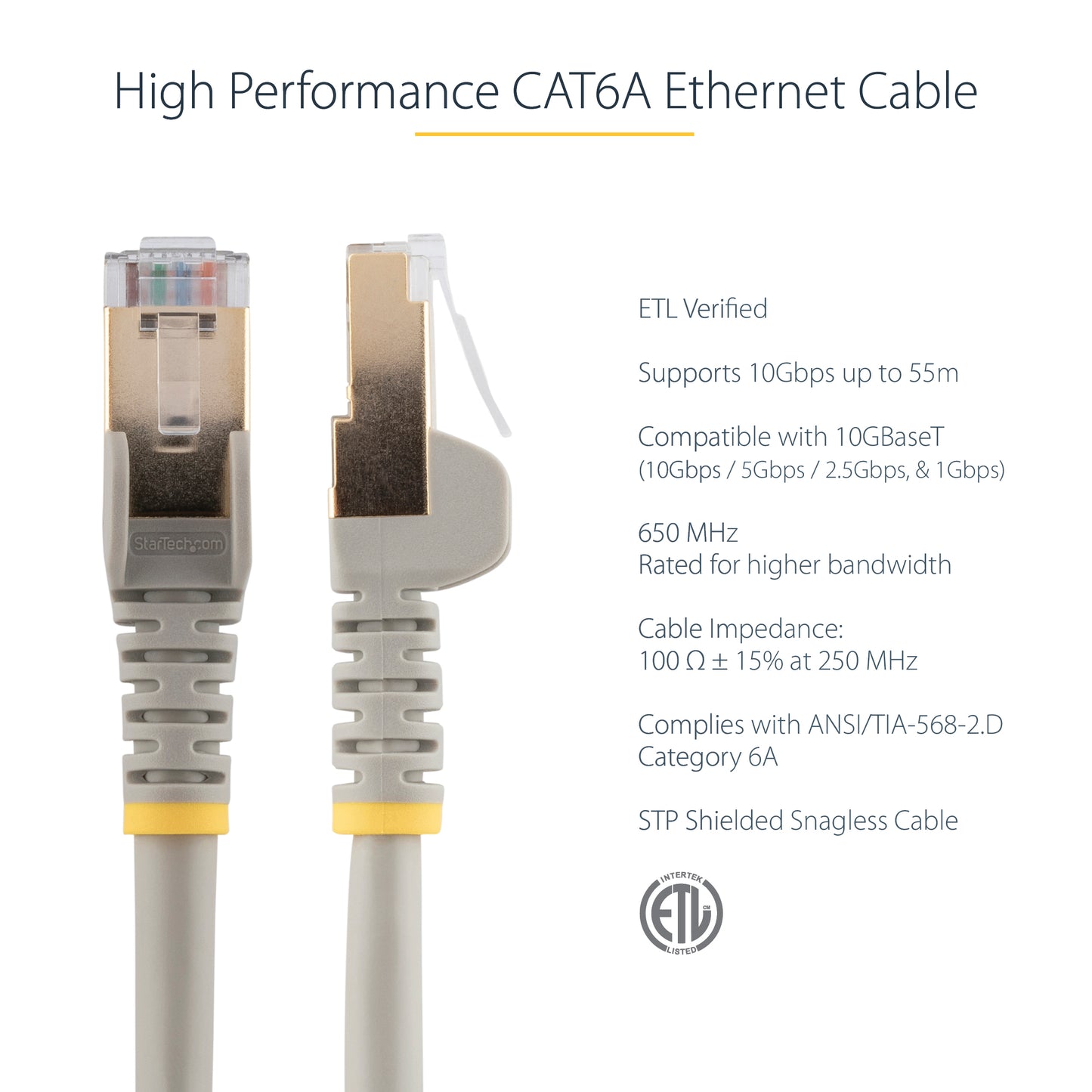 StarTech.com 3m CAT6a Ethernet Cable - 10 Gigabit Shielded Snagless RJ45 100W PoE Patch Cord - 10GbE STP Network Cable w/Strain Relief - Grey Fluke Tested/Wiring is UL Certified/TIA-4
