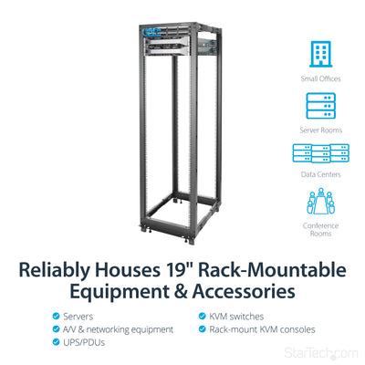 StarTech.com 4-Post 42U Mobile Open Frame Server Rack, Four Post 19" Network Rack with Wheels, Rolling Rack with Adjustable Depth for Computer/AV/Data/IT Equipment - Casters, Leveling Feet or Floor Mounting-10