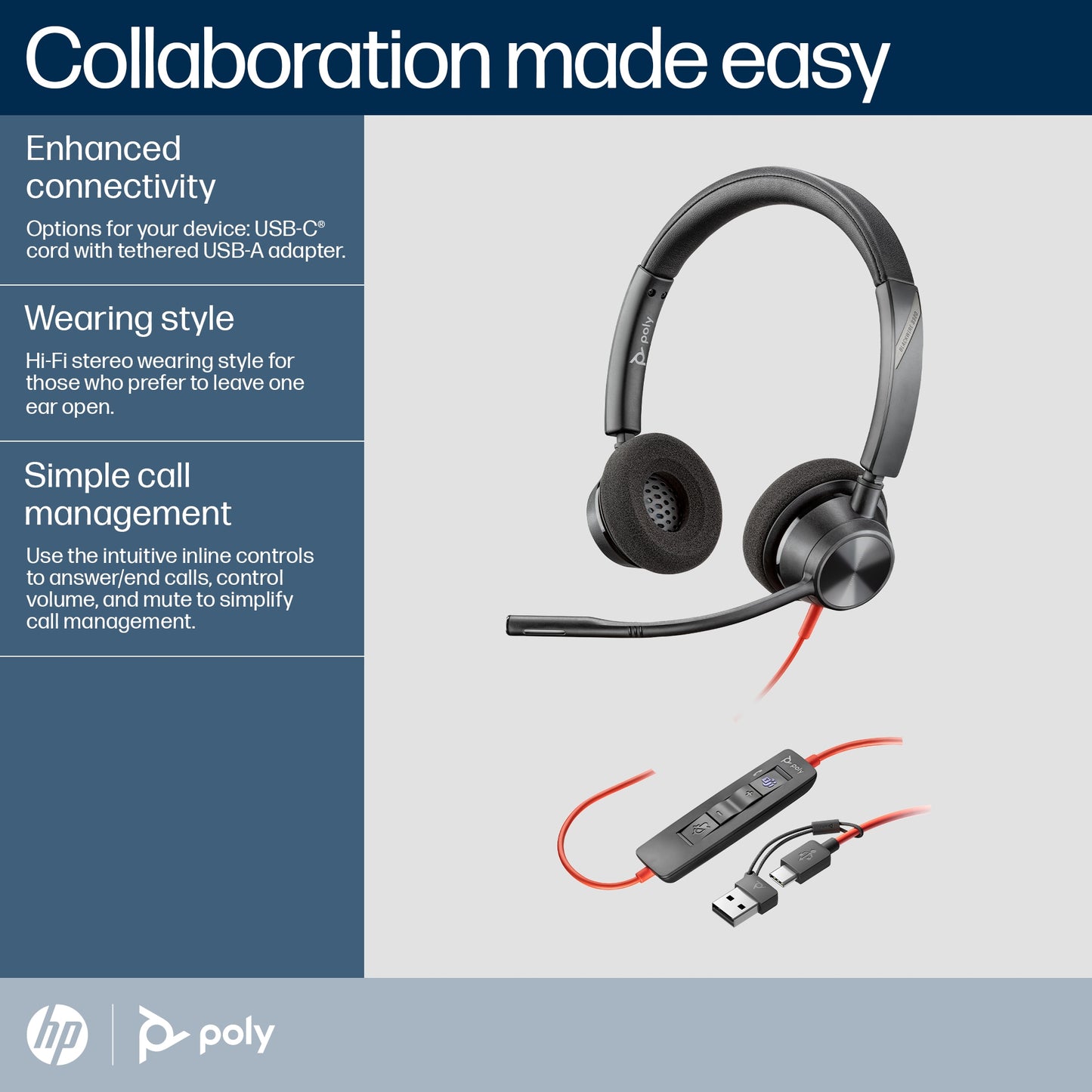 POLY Blackwire 3320 Stereo Microsoft Teams Certified USB-C Headset +USB-C/A Adapter-13