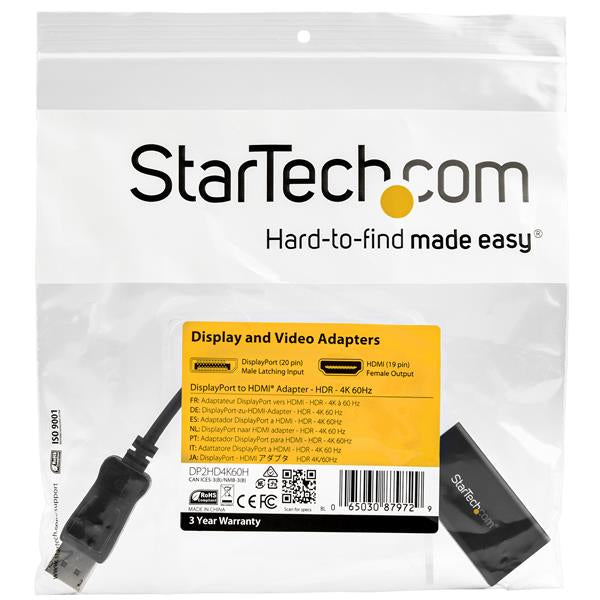 StarTech.com DisplayPort to HDMI Adapter - 4K 60Hz HDR10 Active DisplayPort 1.4 to HDMI 2.0b Video Converter - 4K DP to HDMI Adapter Dongle for Monitor/Display/TV - Latching DP Connector-5