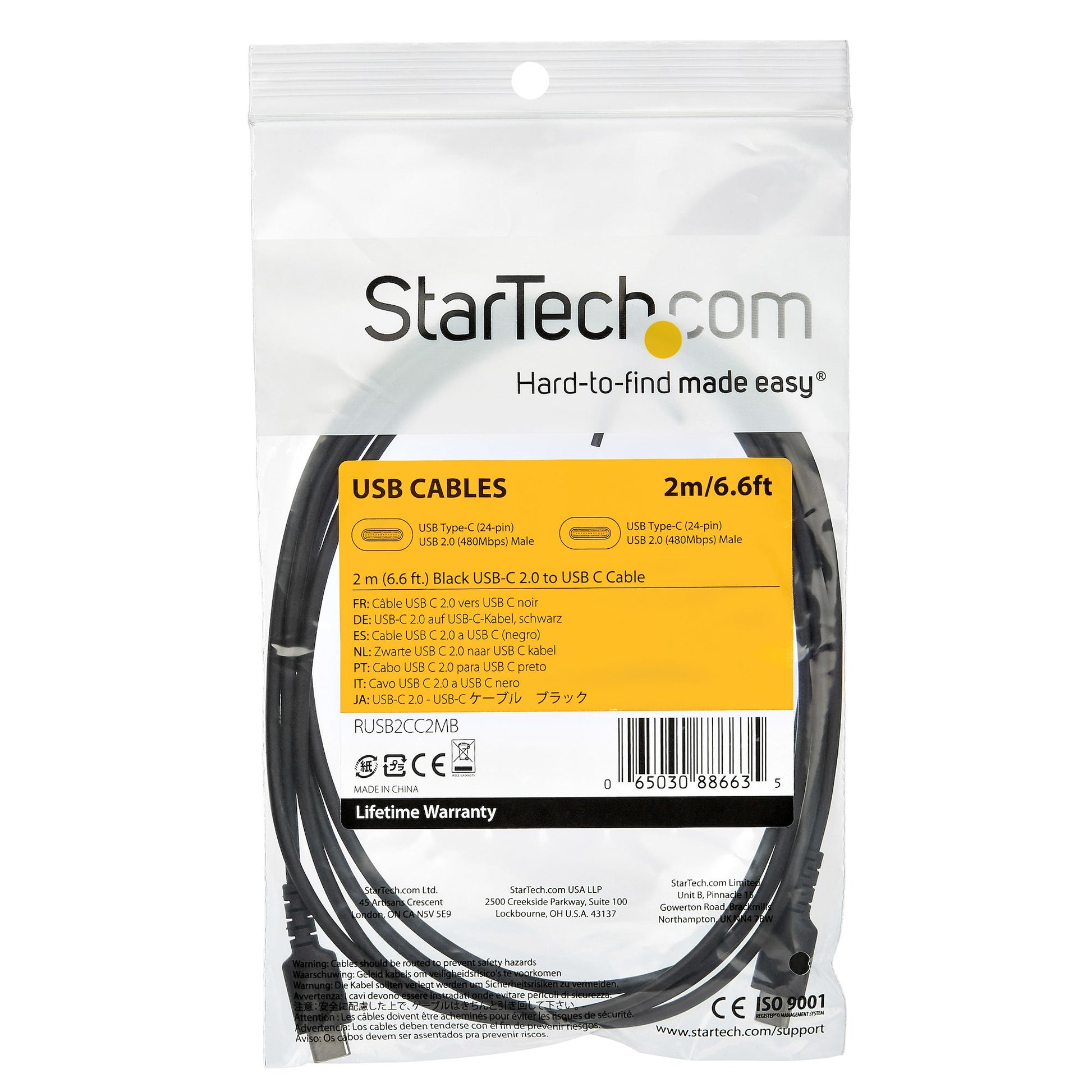 StarTech.com 2m USB C Charging Cable - Durable Fast Charge & Sync USB 2.0 Type C to USB C Laptop Charger Cord - TPE Jacket Aramid Fiber M/M 60W Black - Samsung S10 S20 iPad Pro MS Surface-3