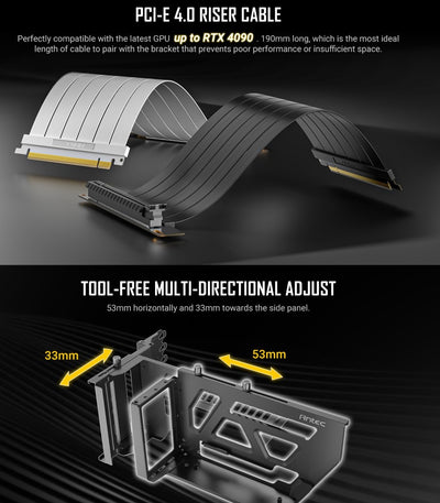 Antec Adjustable Vertical GPU Bracket and PCI-E 4.0 Riser Cable Kit (190mm) White x16 Speed, Gold Plated extreme stability & performance. 4090, 7900xt-0