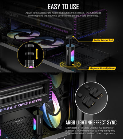 Antec I Shape ARGB Black GPU Bracket, L100,  Solid Construction for large GPU 3-Pin Daisy Cable - Stable Ruibber Pad top. Magnetic Non-Slip Base.-0