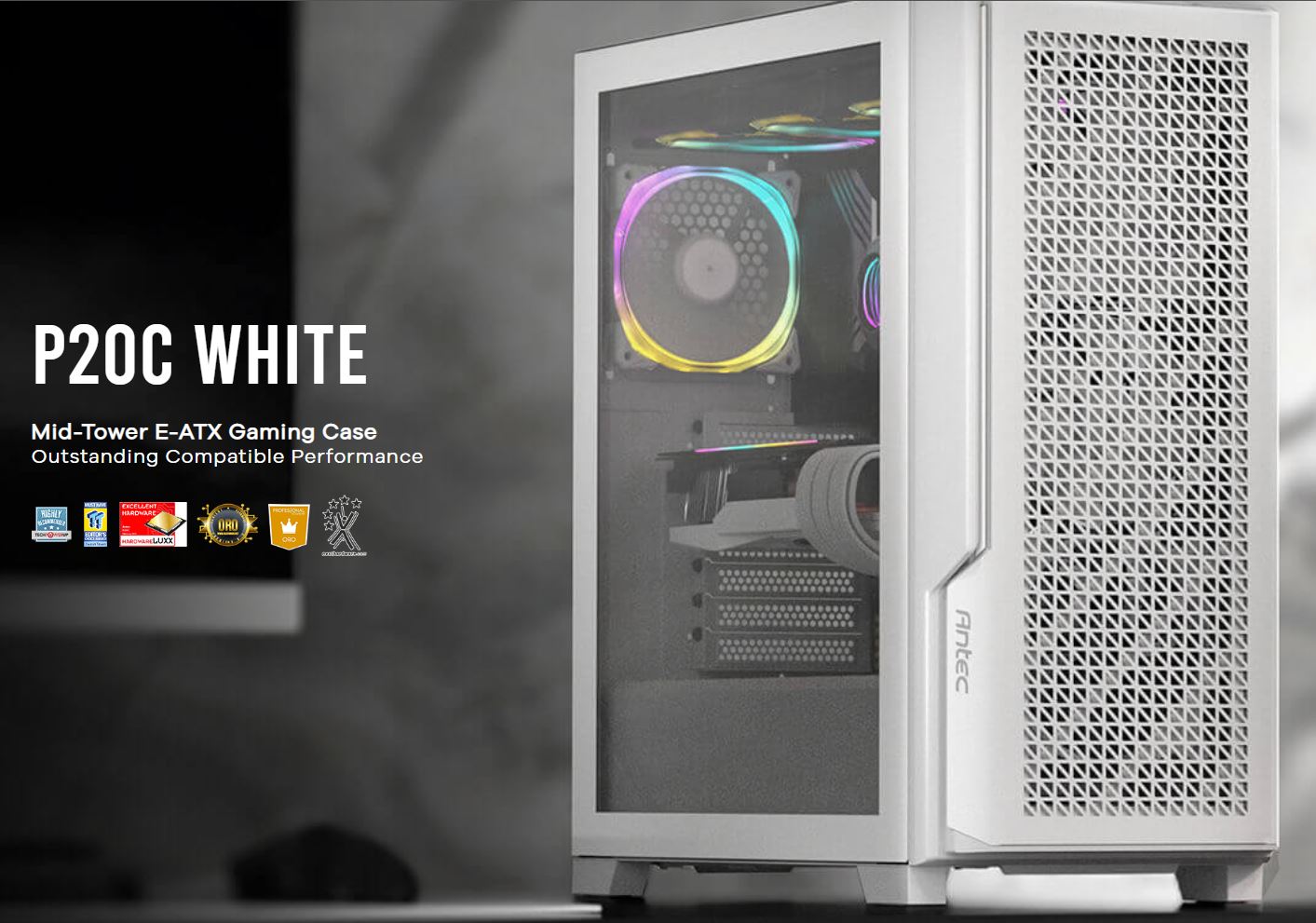 Antec P20C White, E-ATX, ATX, USB-C, Cable management , 4x HDD or SSD , 375mm GPU, 170mm CPU  3x PWM white 12 CM Fan, Tempered Glass, Gaming Case-0