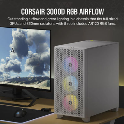 Corsair Carbide Series 3000D RGB Solid Steel Front ATX Tempered Glass White, 3x AR120 RGB Fans & Adapter pre-installed. USB 3.0 x 2, Audio I/O. Case-0