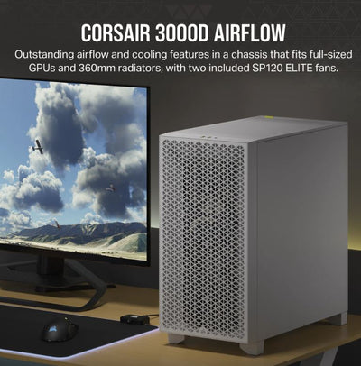 Corsair Carbide Series 3000D Solid Steel Front ATX Tempered Glass White, 2x 120mm Fans pre-installed. USB 3.0 x 2, Audio I/O. Case-0