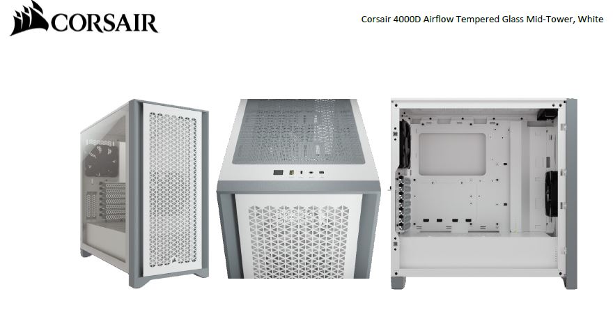 Corsair Carbide Series 4000D Airflow ATX Tempered Glass White, 2x 120mm Fans pre-installed. USB 3.0 x 2, Audio I/O. Case-0