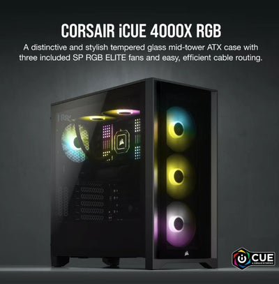 Corsair Carbide Series 4000X RGB E-ATX, ATX, Tempered Glass Front & Side. Black,3x 120mm RGB Fans w/ Node core. USB 3.0 and Type-C x 1, PCI 7+2, Case-0