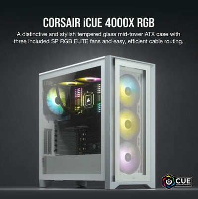 Corsair Carbide Series 4000X RGB E-ATX, ATX, Tempered Glass Front & Side. White,3x 120mm RGB Fans pre-installed. USB 3.0 and Type-C x 1. PCI 7+2, Case-0