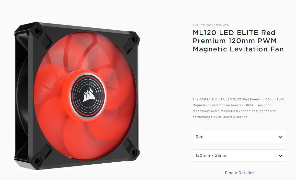 Corsair ML ELITE Series, ML120 LED ELITE, 120mm Magnetic Levitation Red LED Fan with AirGuide, Single Pack (LS)-0