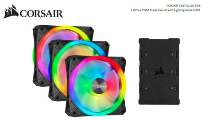 Corsair QL120 RGB Triple Fan Kit with Lighting Node Core, ICUE, 120mm RGB LED PWM Fan 26dBA, 41.8 CFM, 3 Fan Pack (LS)-0