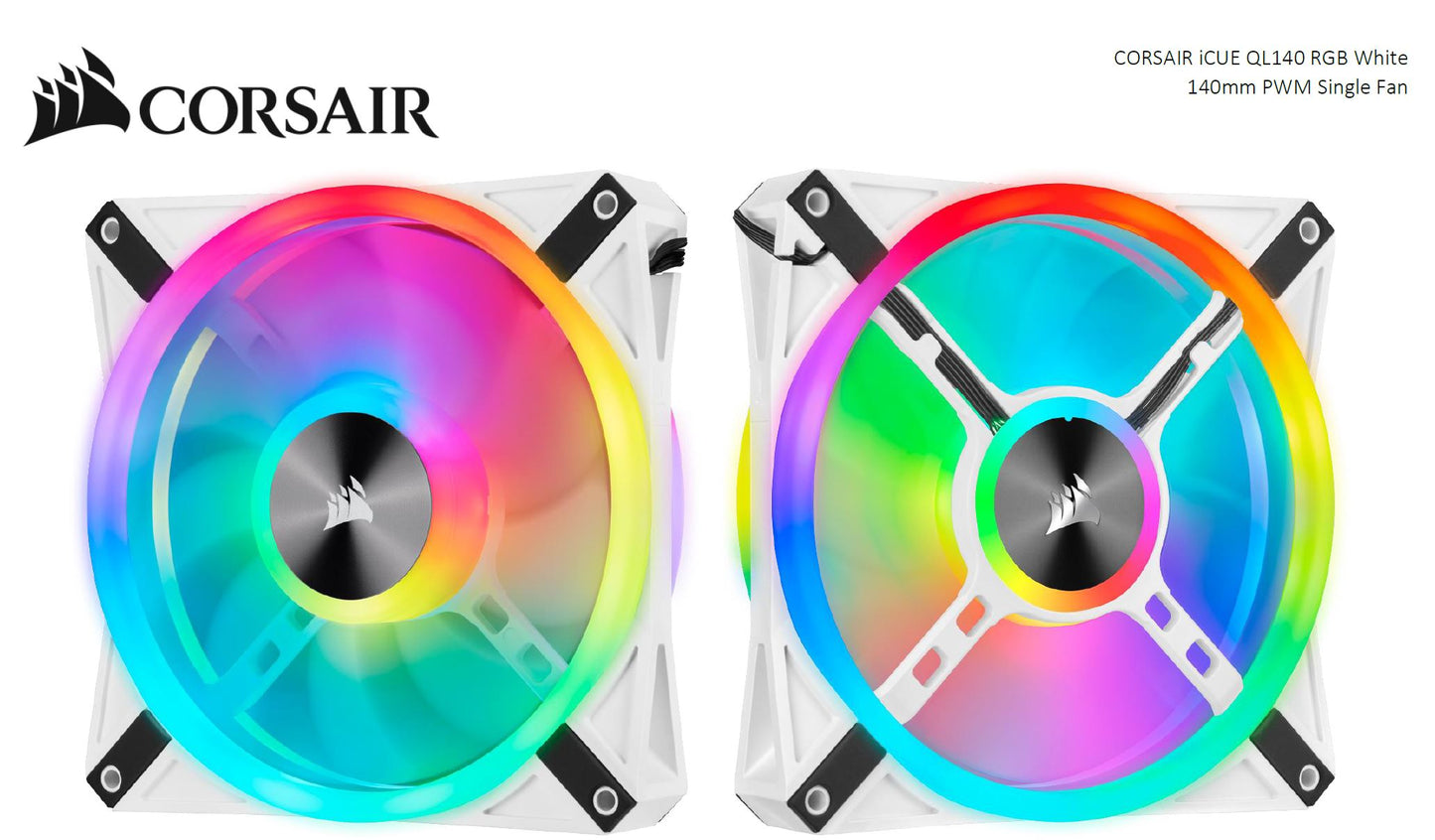 Corsair QL140 RGB White, ICUE, 140mm RGB LED PWM Fan 26dBA, 50.2 CFM, Single Pack-0