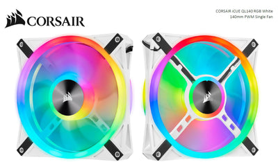 Corsair QL140 RGB White, ICUE, 140mm RGB LED PWM Fan 26dBA, 50.2 CFM, Single Pack-0