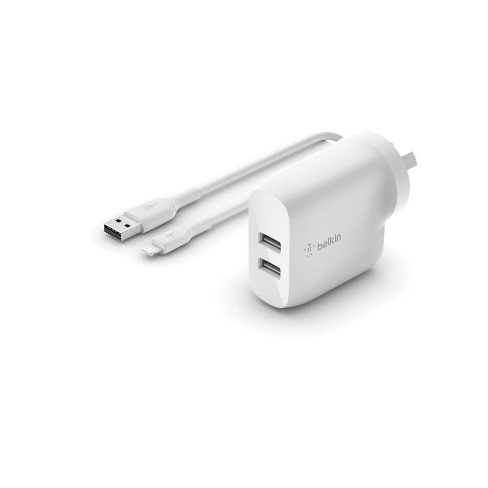 Belkin BOOSTCHARGE Dual USB-A Wall Charger 24W + Lightning to USB-A Cable - For Apple Devices - White-0