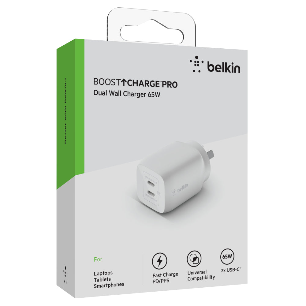 Belkin BOOST UP Dual USB-C Wall Charger - GaN Technology 65W with PPS-5