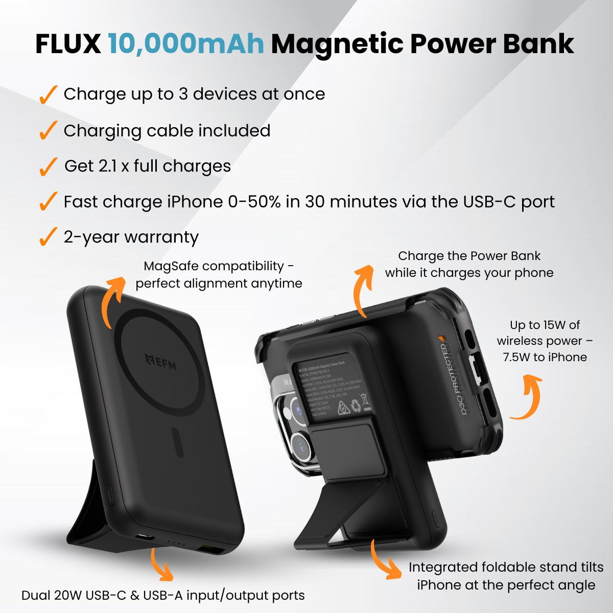 EFM FLUX 10 000mAh Magnetic Power Bank - With MagSafe Compatability and Foldable Stand - Black-3