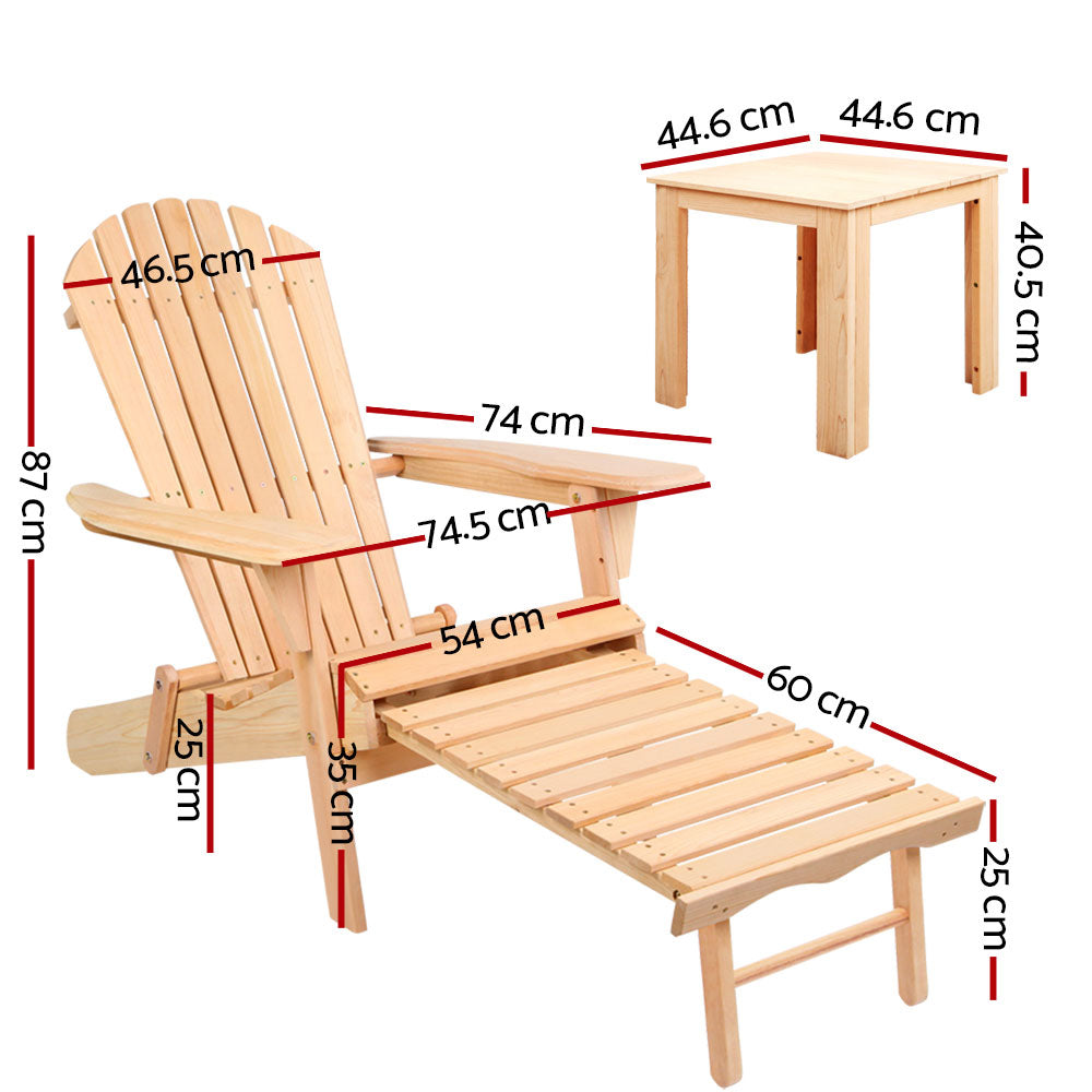 Gardeon 3PC Adirondack Outdoor Table and Chairs? Wooden Sun Lounge Beach Patio Natural-1