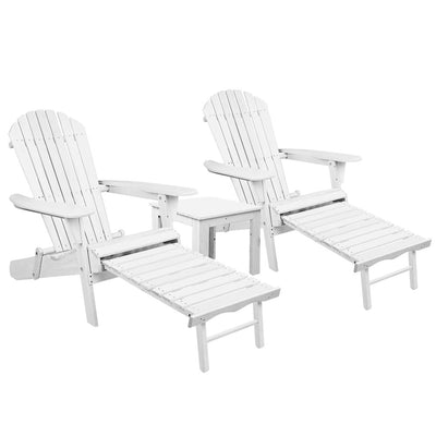 Gardeon 3PC Adirondack Outdoor Table and Chairs Wooden Sun Lounge Beach Patio White-0