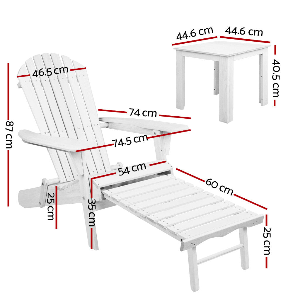 Gardeon 3PC Adirondack Outdoor Table and Chairs Wooden Sun Lounge Beach Patio White-1