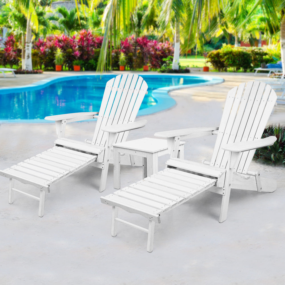 Gardeon 3PC Adirondack Outdoor Table and Chairs Wooden Sun Lounge Beach Patio White-7