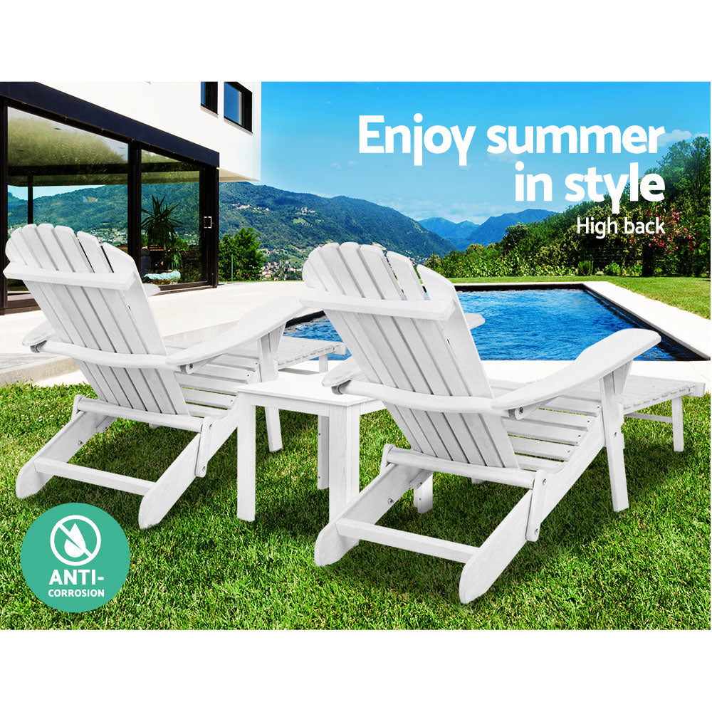 Gardeon 3PC Adirondack Outdoor Table and Chairs Wooden Sun Lounge Beach Patio White-11