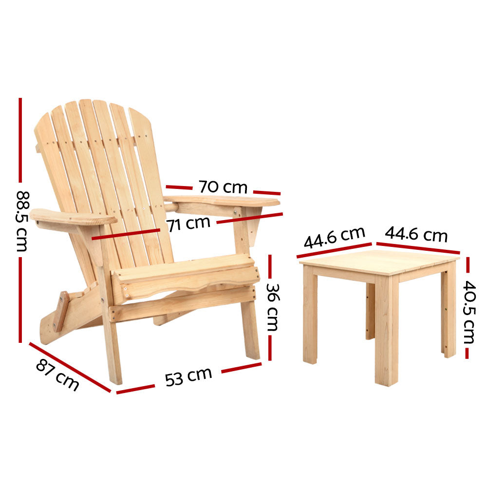 Gardeon 3PC Adirondack Outdoor Table and Chairs Wooden Foldable Beach Chair Natural-1