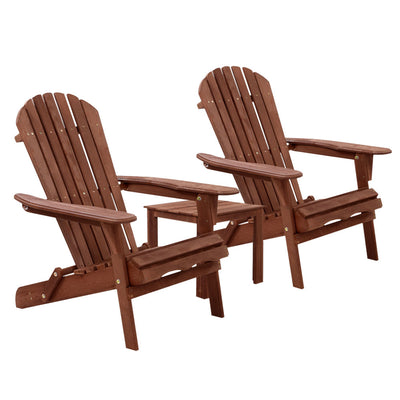 Gardeon 3PC Adirondack Outdoor Table and Chairs Wooden Foldable Beach Chair Brown-0