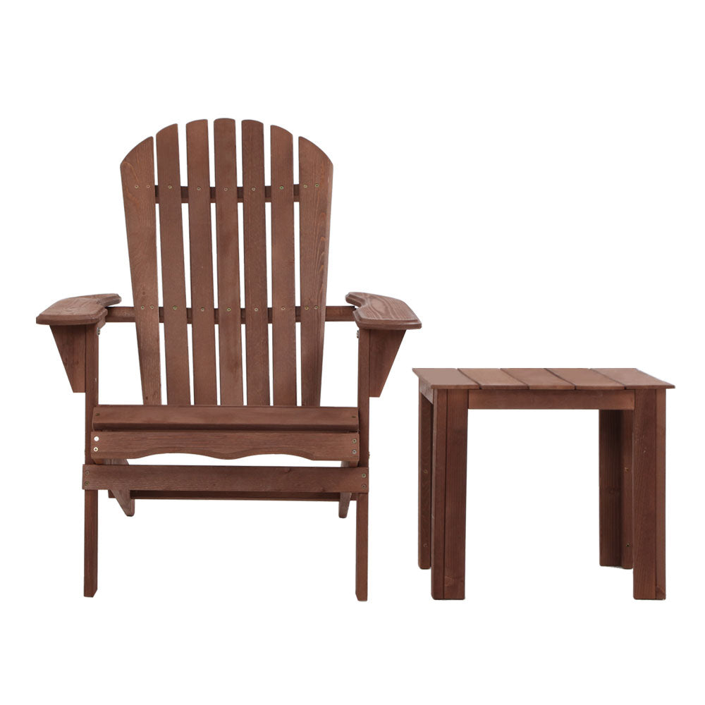 Gardeon 3PC Adirondack Outdoor Table and Chairs Wooden Foldable Beach Chair Brown-2