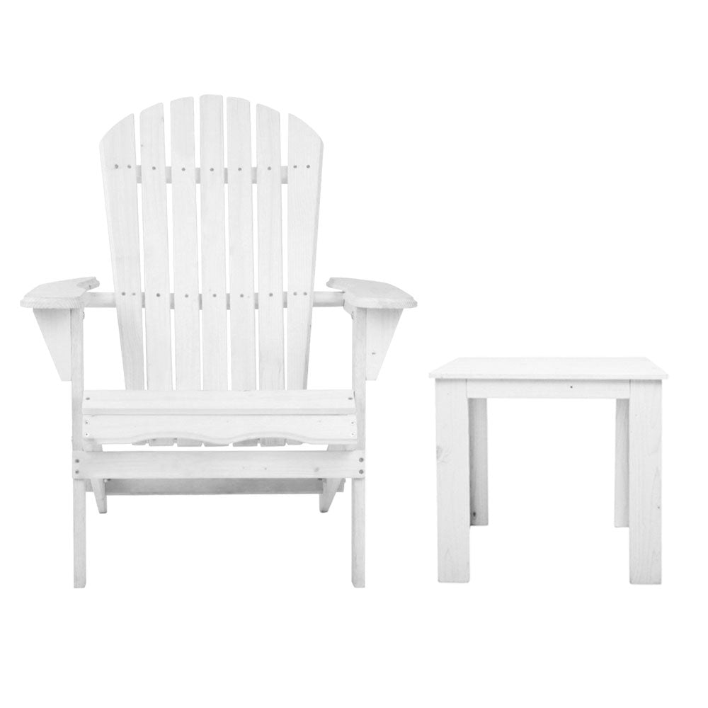 Gardeon 3PC Adirondack Outdoor Table and Chairs Wooden Foldable Beach Chair White-2