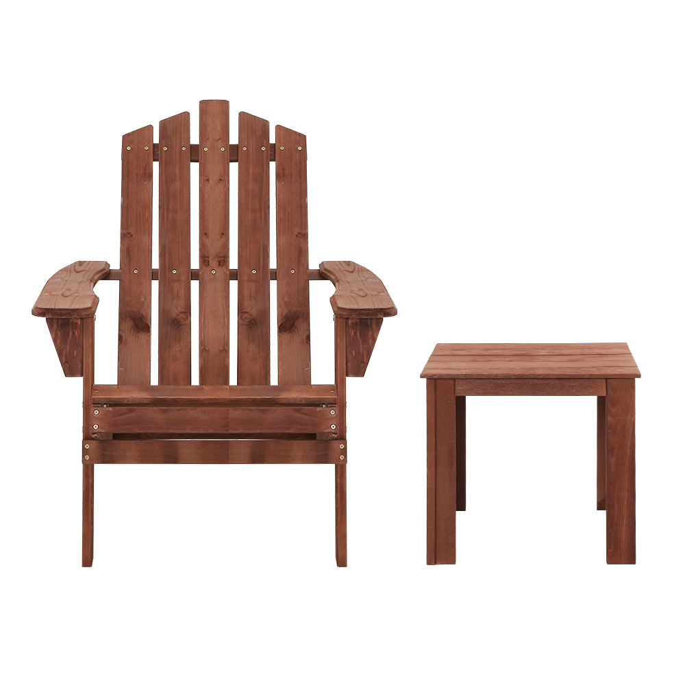 Gardeon 3PC Adirondack Outdoor Table and Chairs Wooden Beach Chair Brown-2