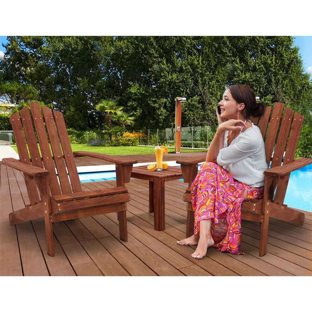 Gardeon 3PC Adirondack Outdoor Table and Chairs Wooden Beach Chair Brown-8