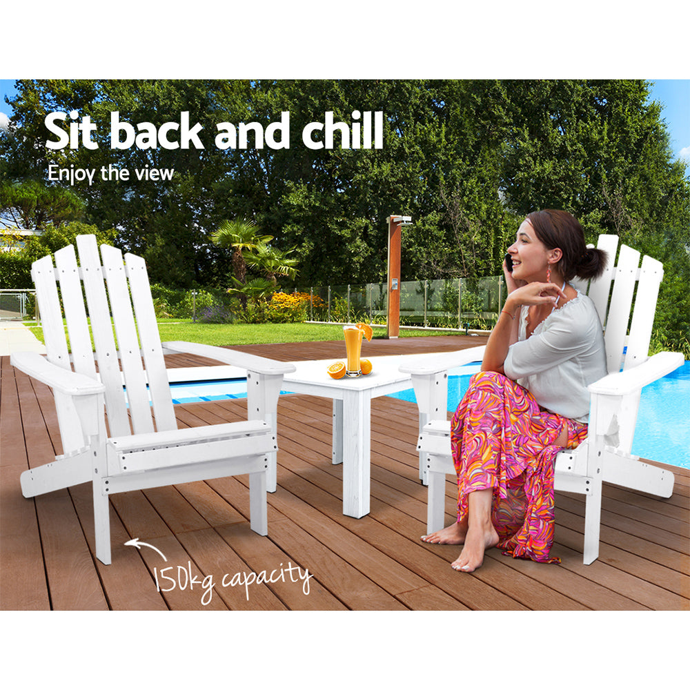 Gardeon 3PC Adirondack Outdoor Table and Chairs Wooden Beach Chair White-8