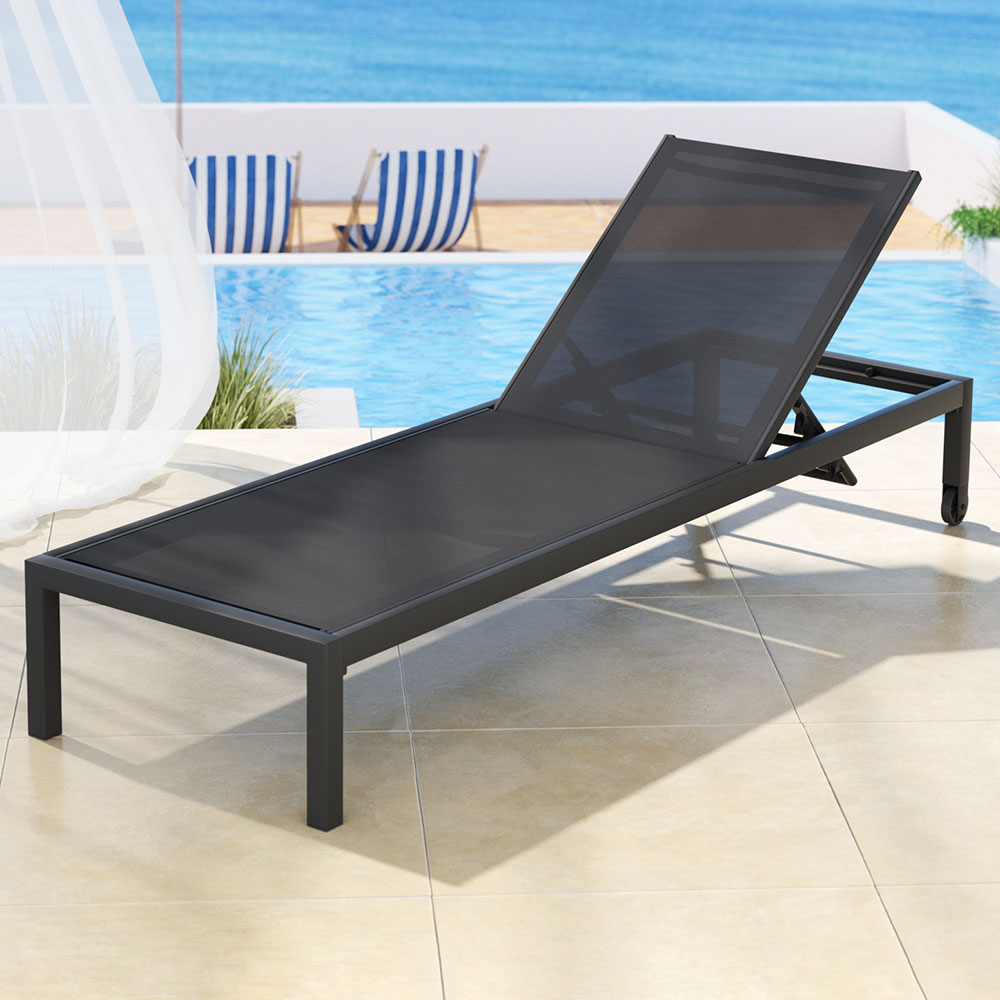 Gardeon Sun Lounge Outdoor Lounger Aluminium Folding Beach Chair Wheels Black-6