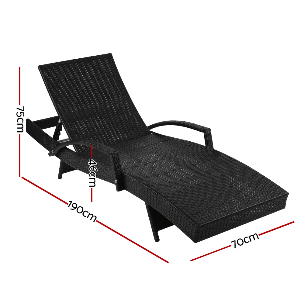 Gardeon 2PC Sun Lounge Wicker Lounger Outdoor Furniture Beach Chair Patio Adjustable Cushion Black-1