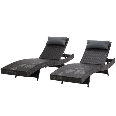 Gardeon 2PC Sun Lounge Wicker Lounger Outdoor Furniture Beach Chair Garden Adjustable Black-0