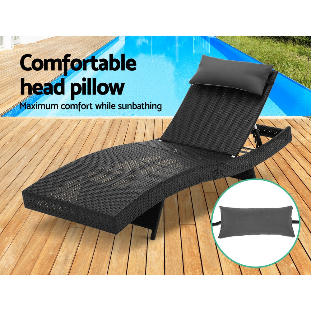 Gardeon 2PC Sun Lounge Wicker Lounger Outdoor Furniture Beach Chair Garden Adjustable Black-6