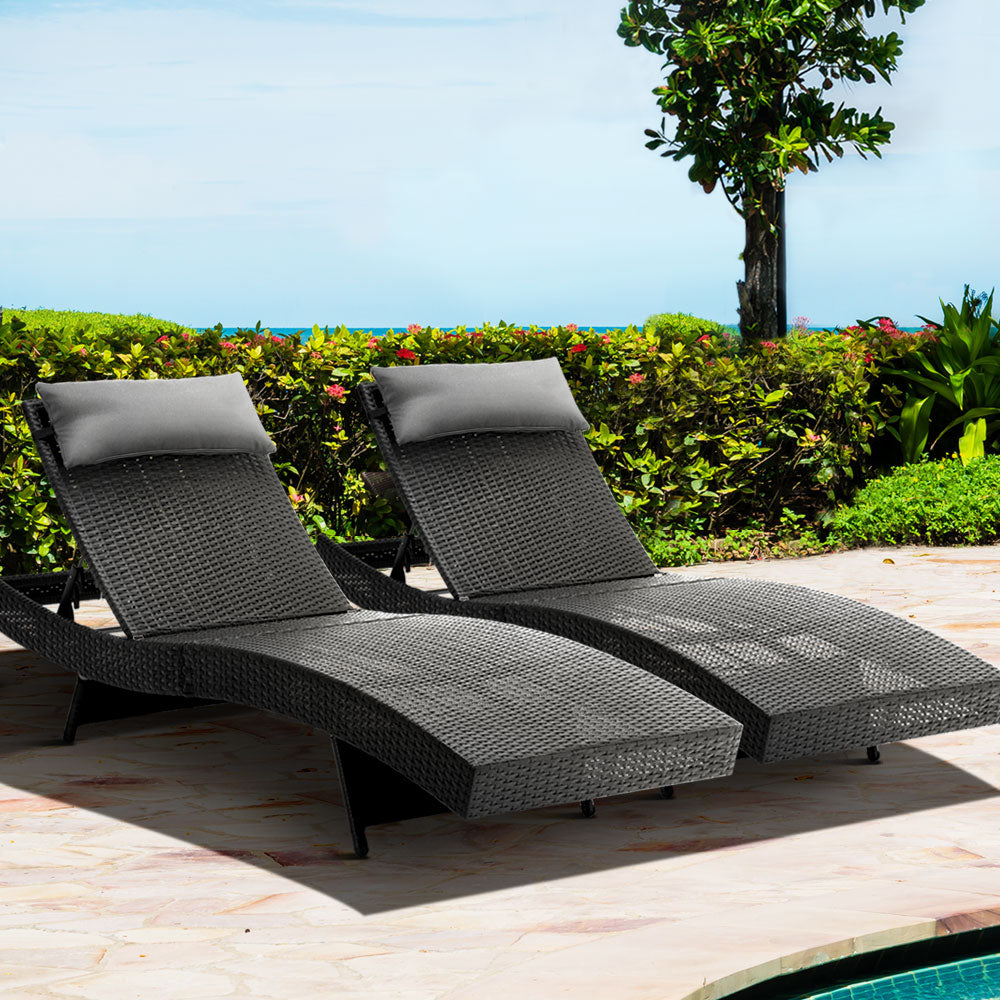 Gardeon 2PC Sun Lounge Wicker Lounger Outdoor Furniture Beach Chair Garden Adjustable Black-7