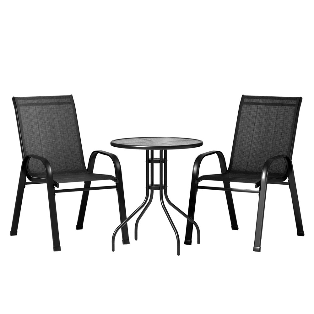 Gardeon 3PC Outdoor Bistro Set Table and Chairs Stackable Patio Furniture Black-0