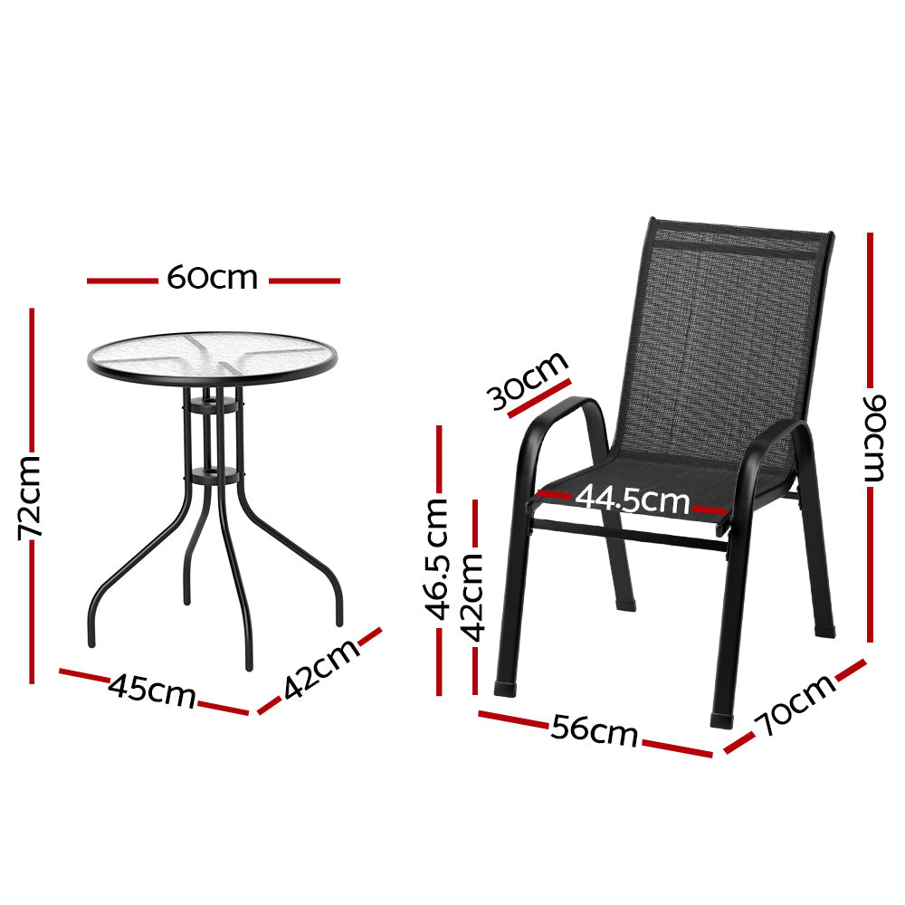 Gardeon 3PC Outdoor Bistro Set Table and Chairs Stackable Patio Furniture Black-1