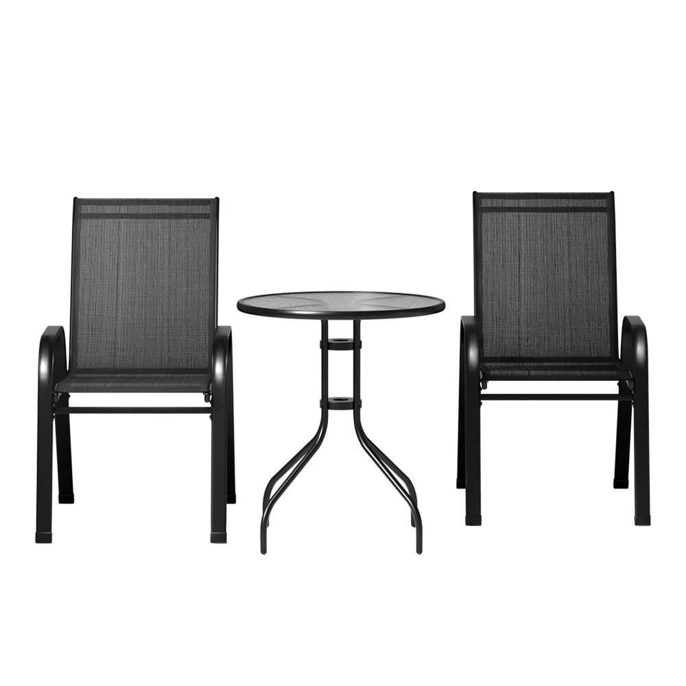 Gardeon 3PC Outdoor Bistro Set Table and Chairs Stackable Patio Furniture Black-2