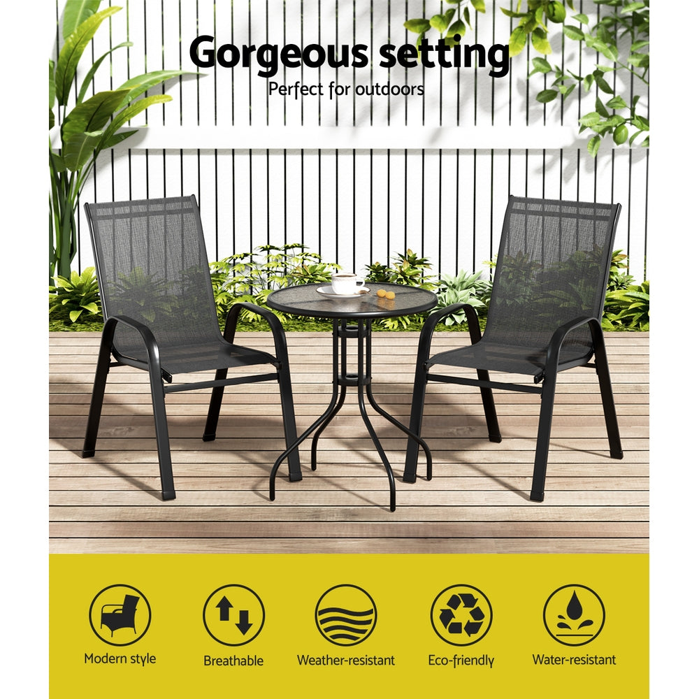 Gardeon 3PC Outdoor Bistro Set Table and Chairs Stackable Patio Furniture Black-3