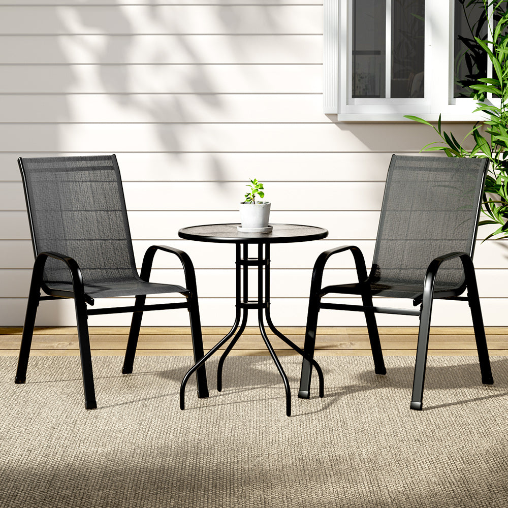 Gardeon 3PC Outdoor Bistro Set Table and Chairs Stackable Patio Furniture Black-6