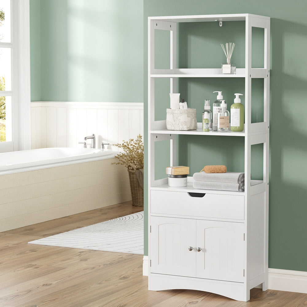 Artiss Bathroom Floor Storage Cabinet with 2 Drawers 3 Open Shelves 2 Doors White-4