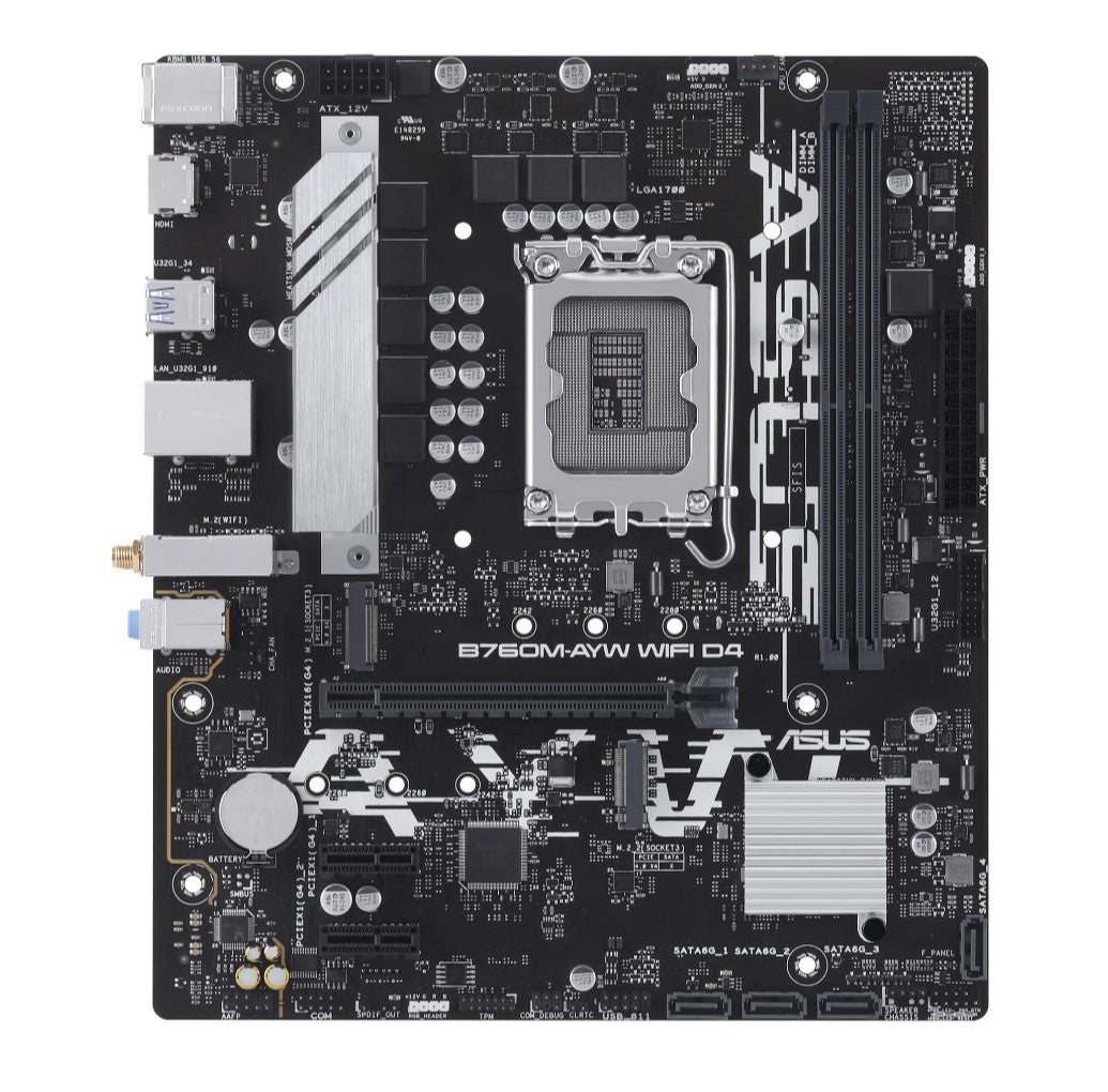 ASUS B760M-AYW WIFI D4 Intel LGA 1700 mATX Motherboard 64GB, 2xDDR4, 1 x PCIe 4.0 x16 slot, 2 x M.2 slots, 4 x SATA, Realtek 2.5Gb Ethernet-0